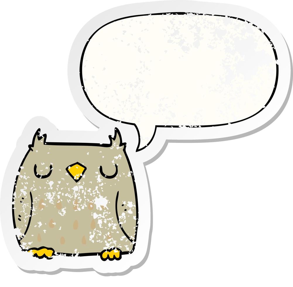cute cartoon owl and speech bubble distressed sticker vector