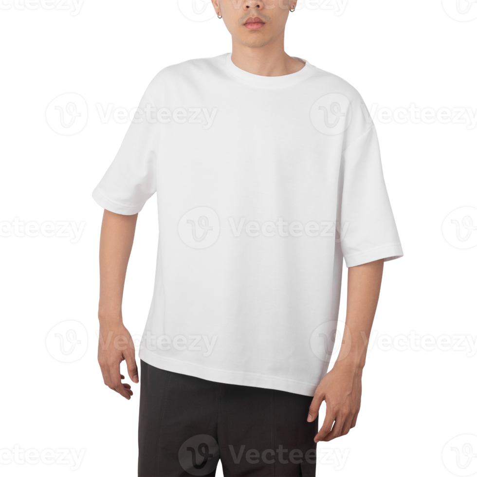 homem na maquete de camiseta branca grande, modelo de design png