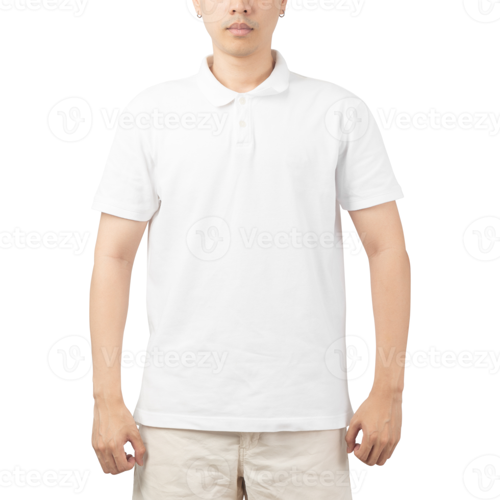 homem na maquete de camiseta polo branca, modelo de design png