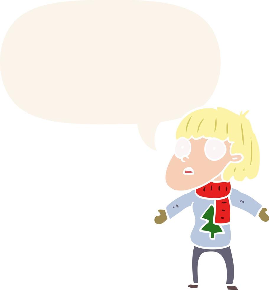 cartoon surprised christmas person and speech bubble in retro style vector