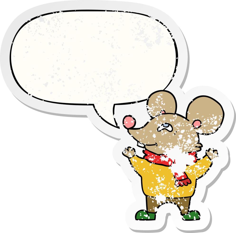 ratón de dibujos animados con bufanda y pegatina angustiada de burbuja de habla vector