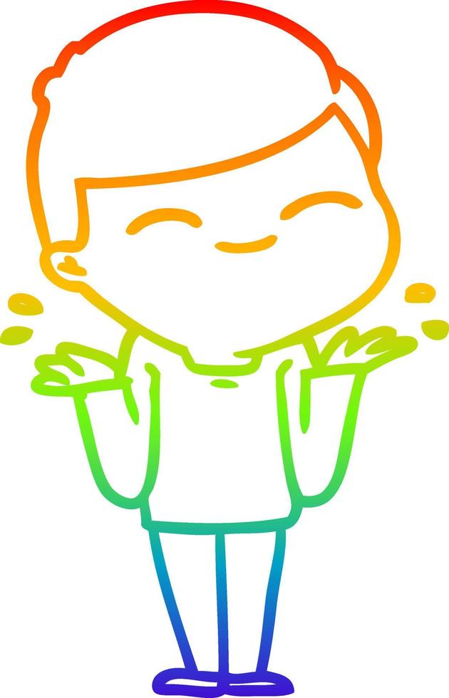 rainbow gradient line drawing cartoon smiling boy shrugging shoulders vector