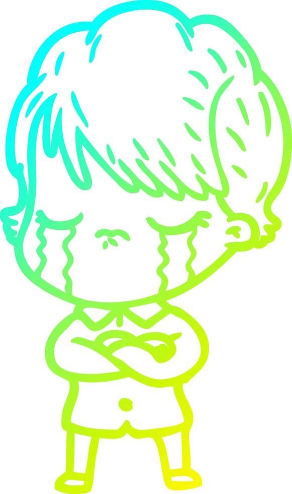 cold gradient line drawing cartoon woman crying vector