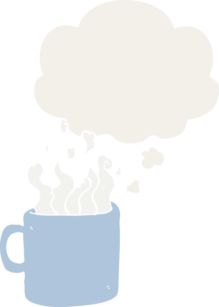 taza de café caliente de dibujos animados y burbuja de pensamiento en estilo retro vector
