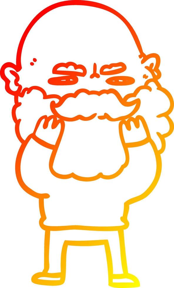 dibujo de línea de gradiente cálido hombre de dibujos animados con barba frunciendo el ceño comprobando su barba vector