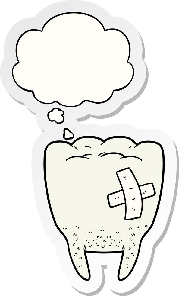 cartoon bad tooth and thought bubble as a printed sticker vector