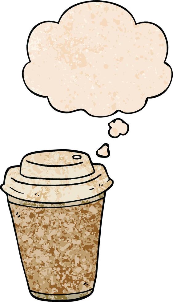 caricatura, taza de café para llevar, y, burbuja del pensamiento, en, grunge, textura, patrón, estilo vector