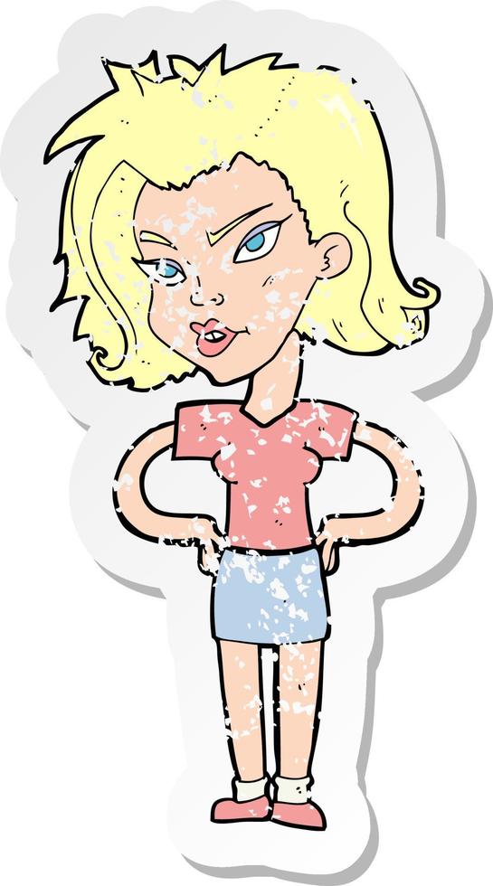 retro distressed sticker of a cartoon woman with hands on hips vector