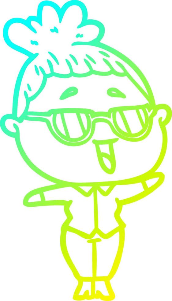 cold gradient line drawing cartoon happy woman wearing spectacles vector