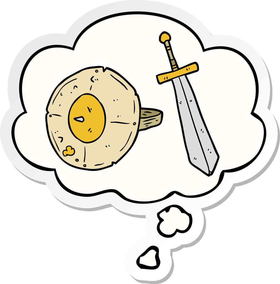 cartoon shield and sword and thought bubble as a printed sticker vector
