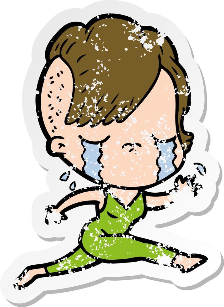 distressed sticker of a cartoon crying girl running vector