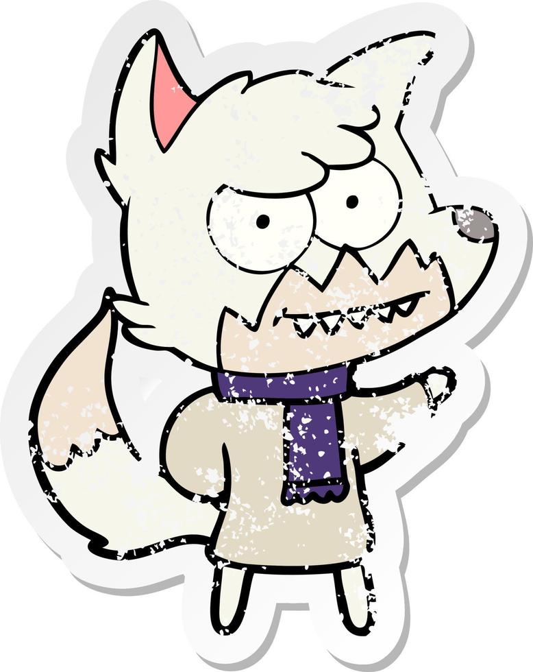 distressed sticker of a cartoon grinning fox in winter clothes vector