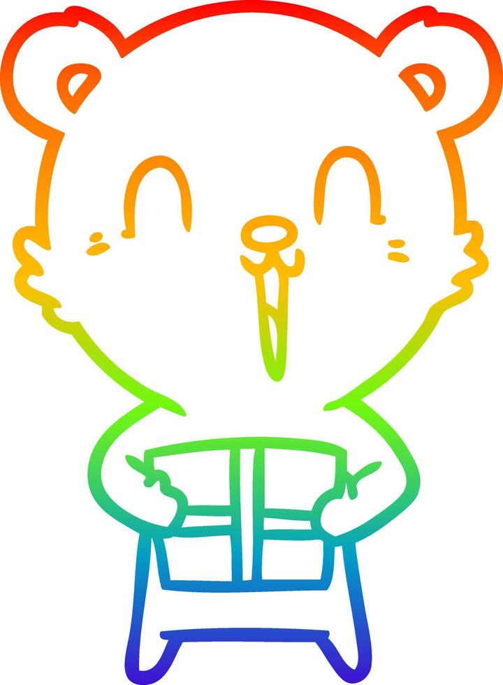 rainbow gradient line drawing happy cartoon bear with christmas gift vector