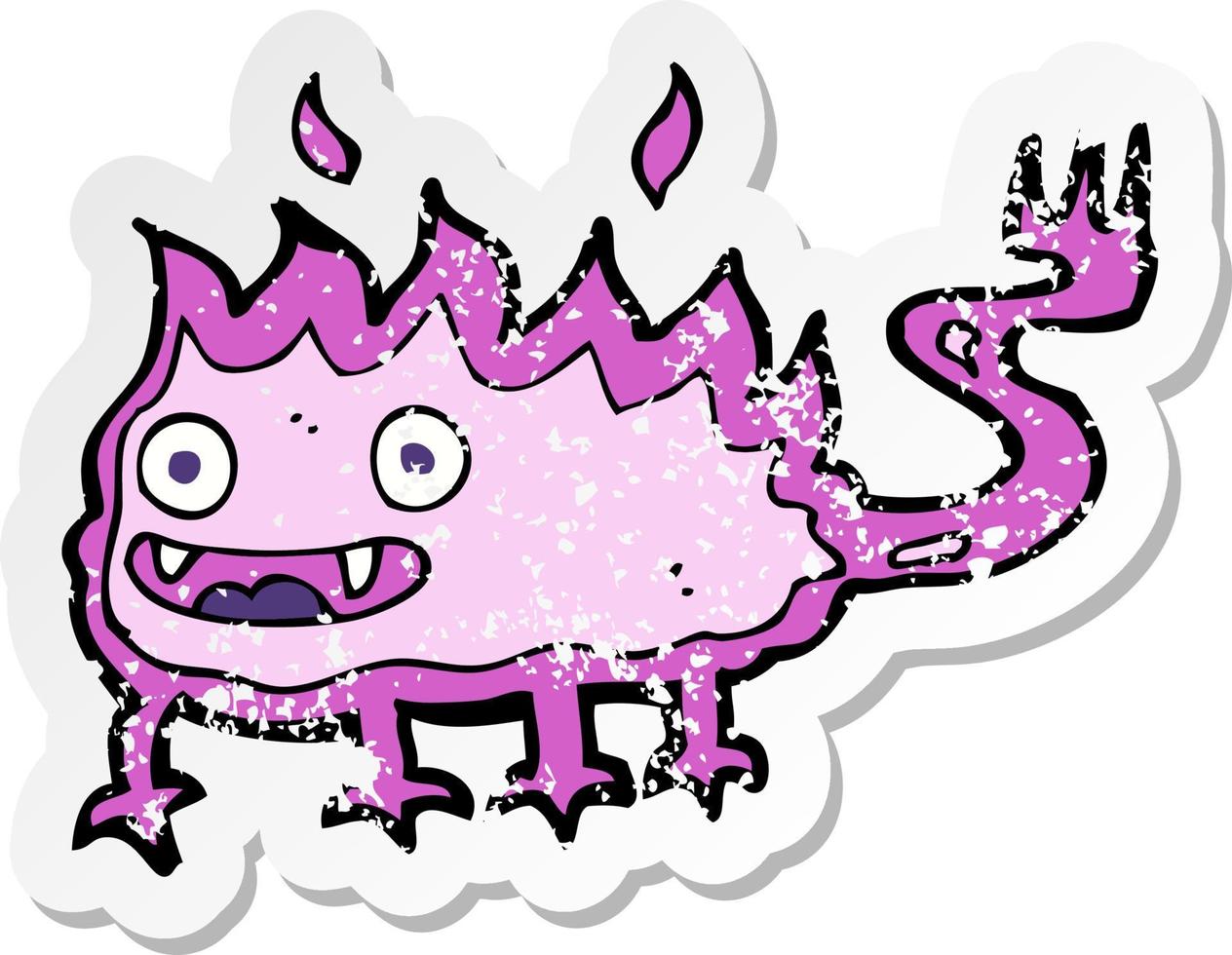 retro distressed sticker of a cartoon little fire demon vector