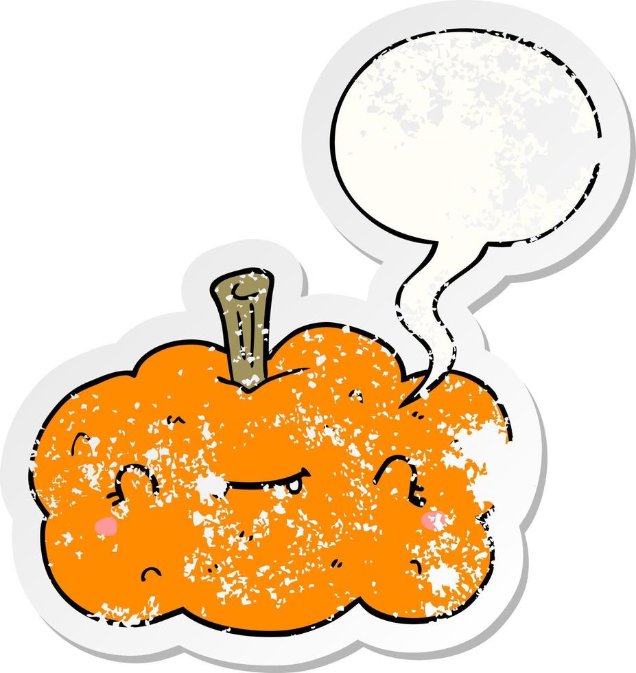 cartoon pumpkin and speech bubble distressed sticker vector