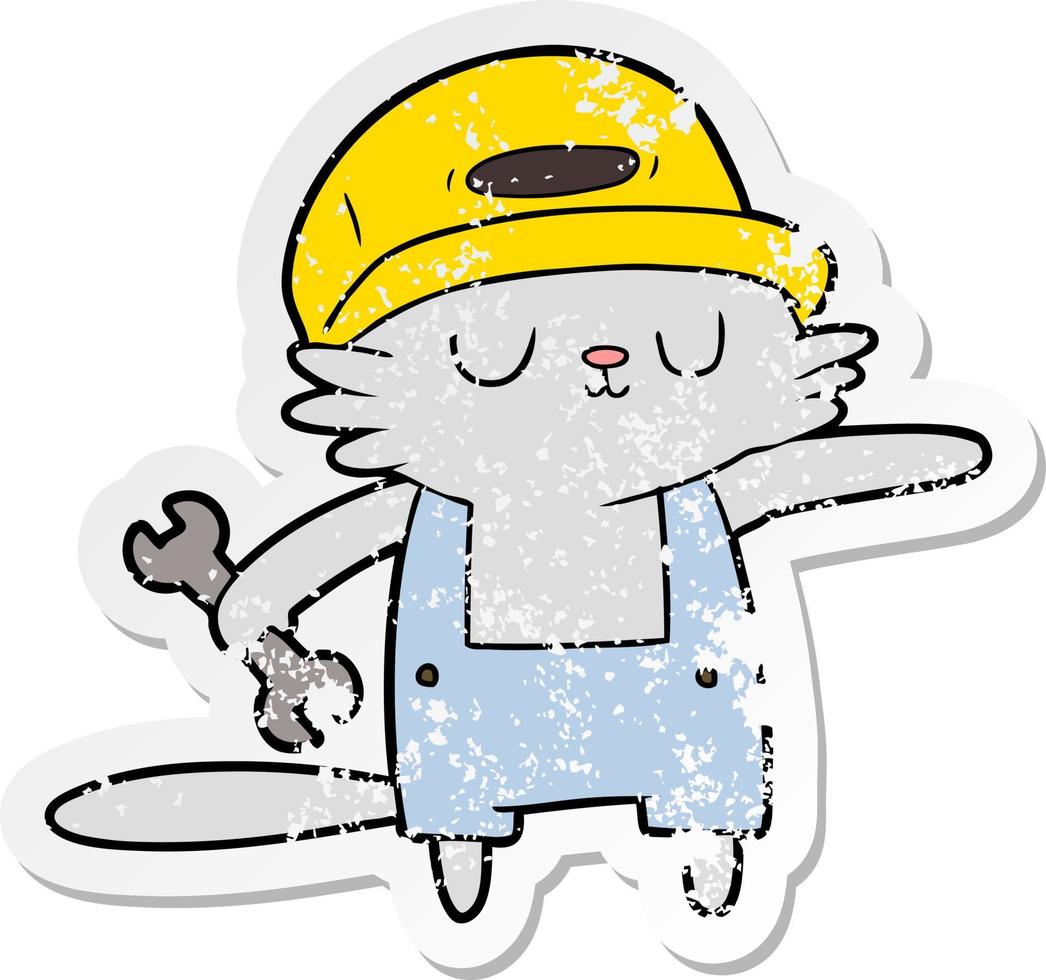 distressed sticker of a cartoon cat builder vector