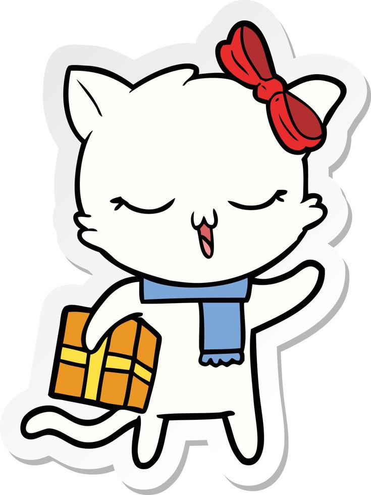 sticker of a cartoon girl cat with christmas present vector