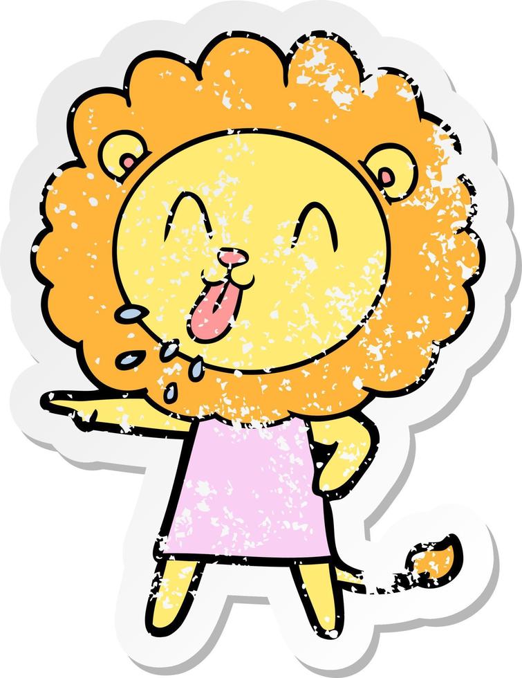 distressed sticker of a happy cartoon lion vector