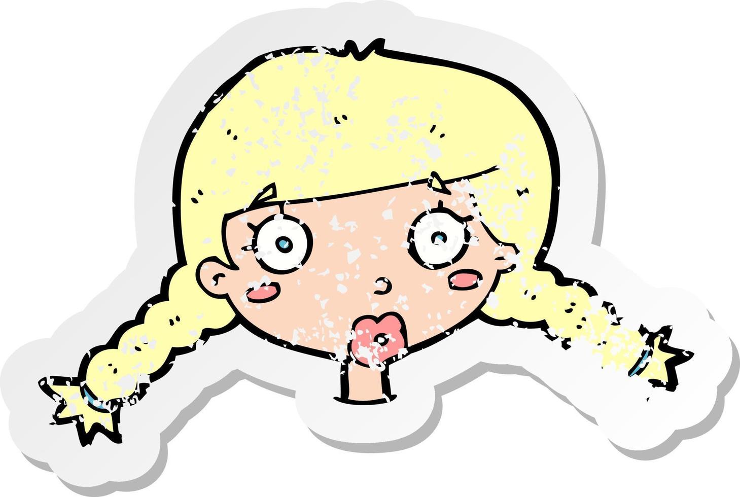 retro distressed sticker of a cartoon confused female face vector