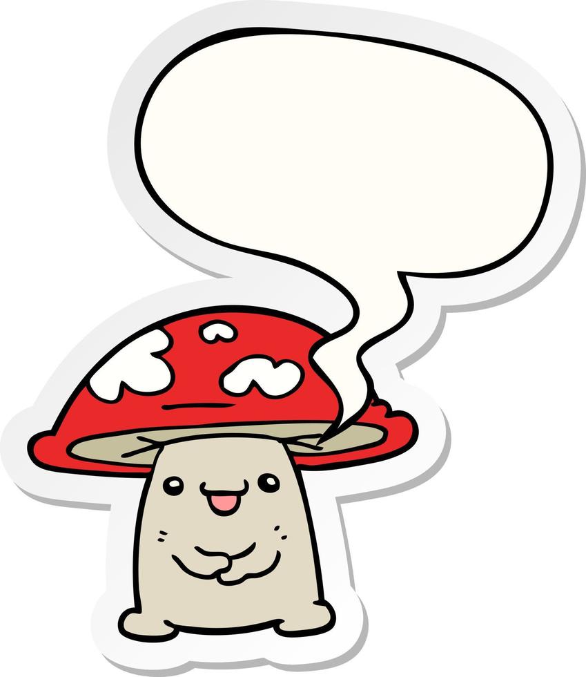 cartoon mushroom character and speech bubble sticker vector