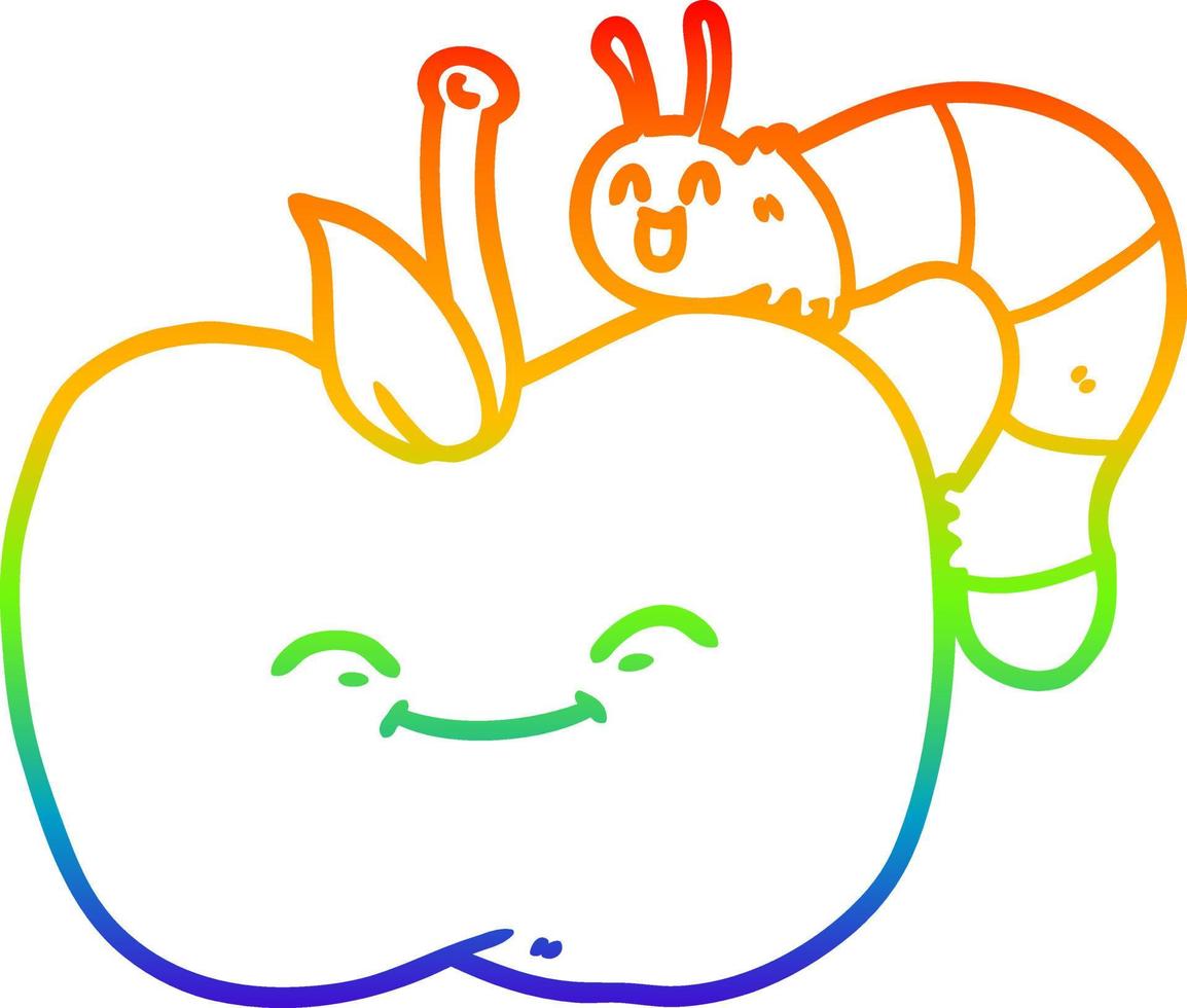 rainbow gradient line drawing cartoon apple and bug vector