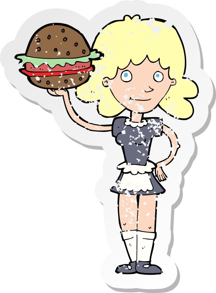 retro distressed sticker of a cartoon waitress with burger vector