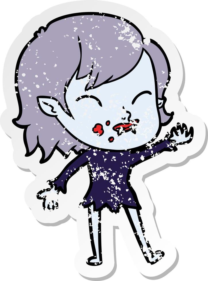 distressed sticker of a cartoon vampire girl with blood on cheek vector