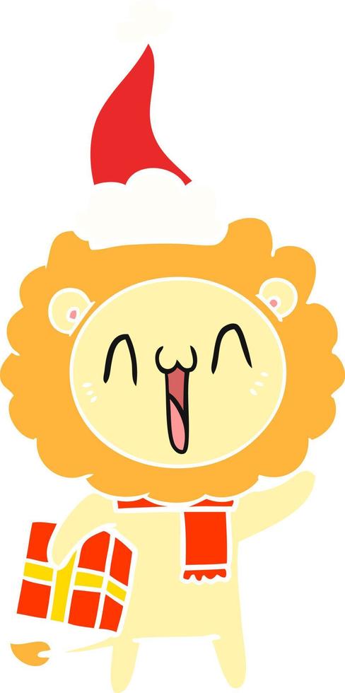 happy flat color illustration of a lion wearing santa hat vector
