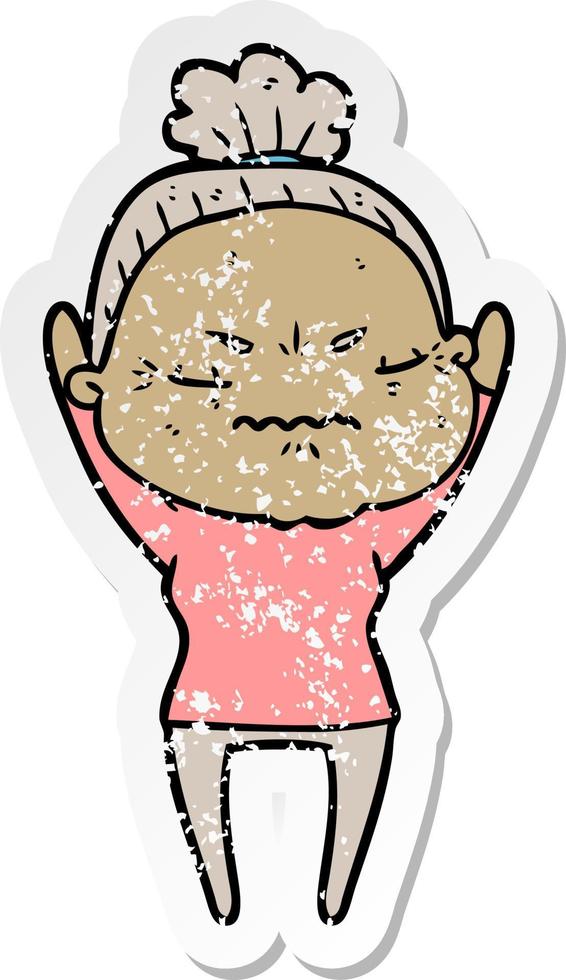distressed sticker of a cartoon annoyed old lady vector