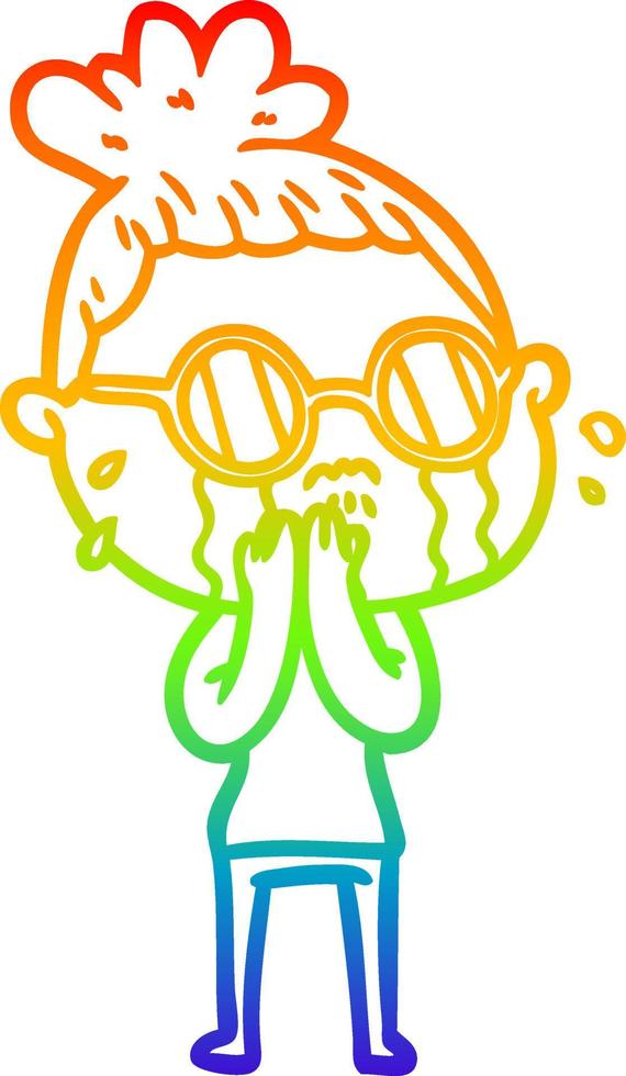 dibujo de la línea de gradiente del arco iris mujer llorando de dibujos animados con gafas vector