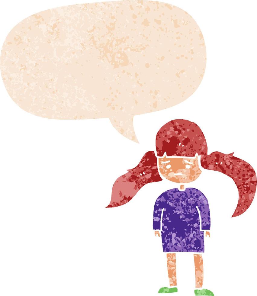 cartoon girl with long hair and speech bubble in retro textured style vector