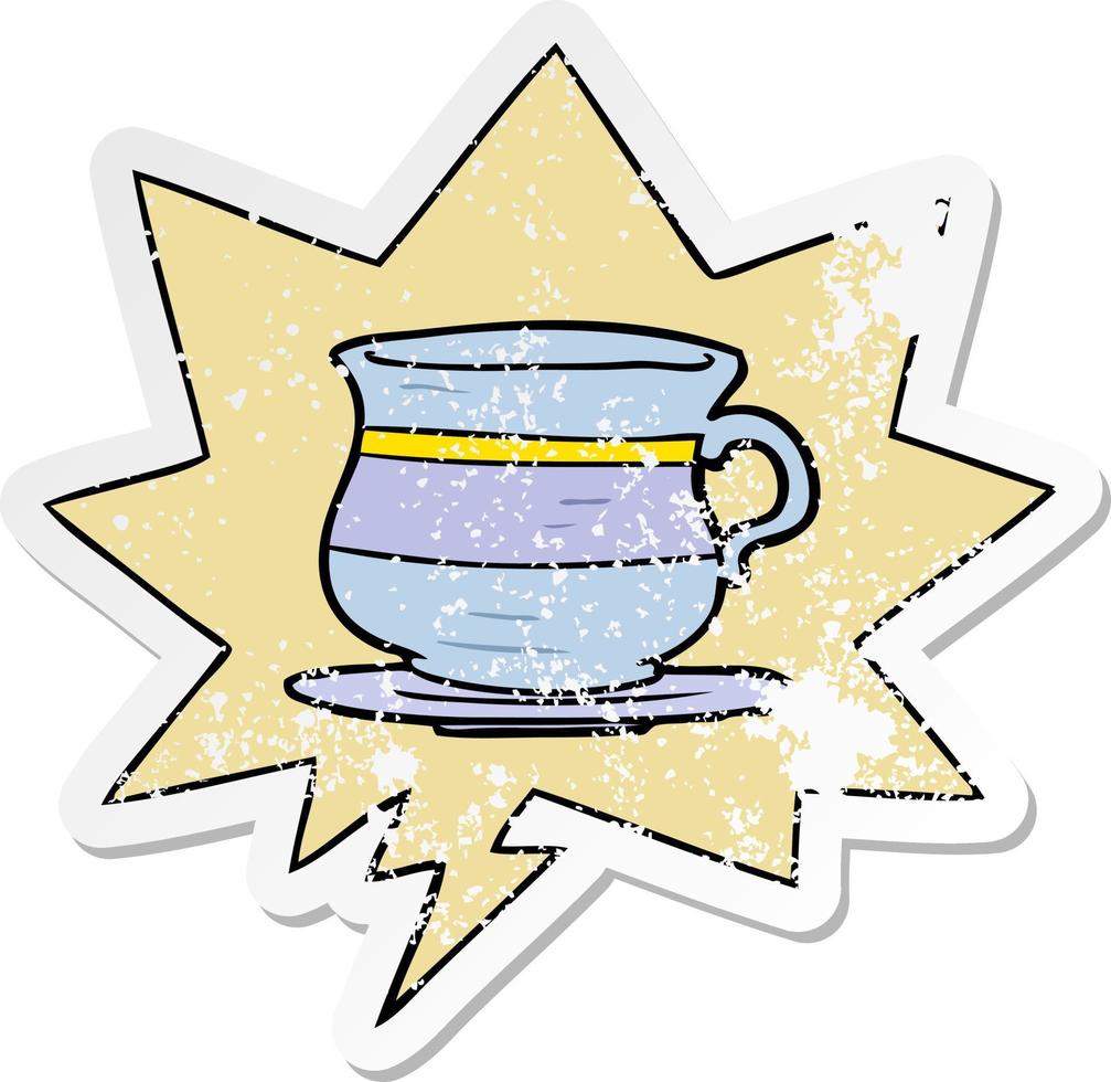 cartoon old tea cup and speech bubble distressed sticker vector