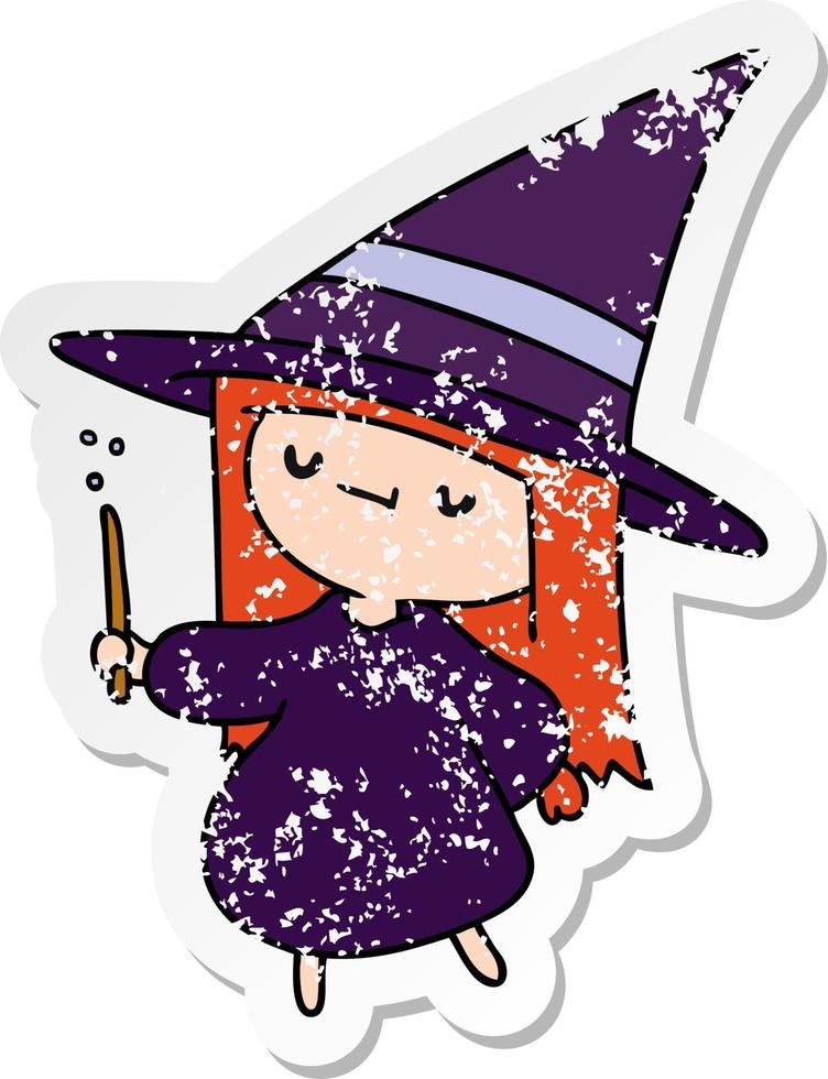 distressed sticker cartoon of a cute kawaii witch girl vector