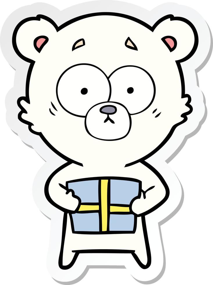 sticker of a nervous polar bear cartoon with gift vector