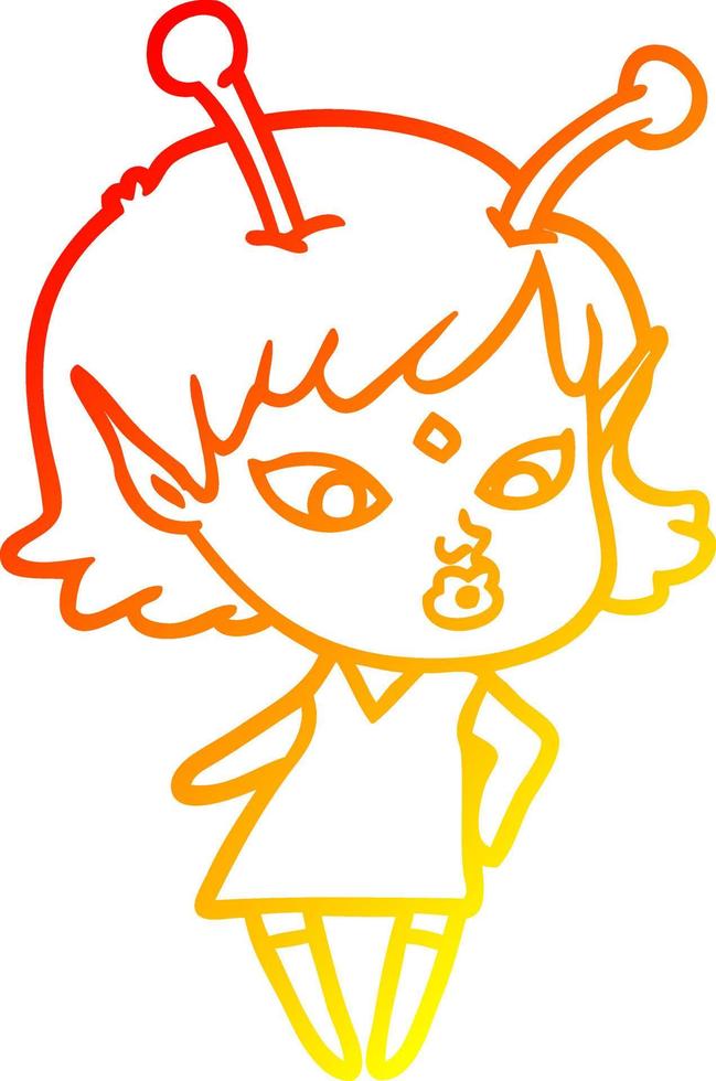 warm gradient line drawing pretty cartoon alien girl vector