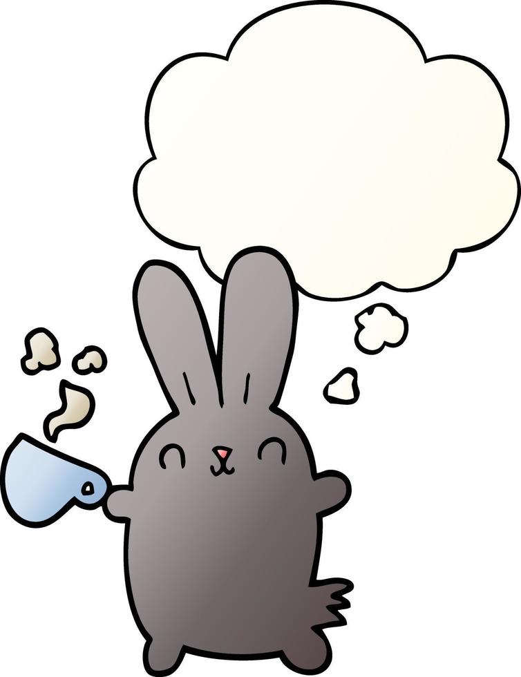 lindo conejo de dibujos animados con taza de café y burbuja de pensamiento en estilo degradado suave vector