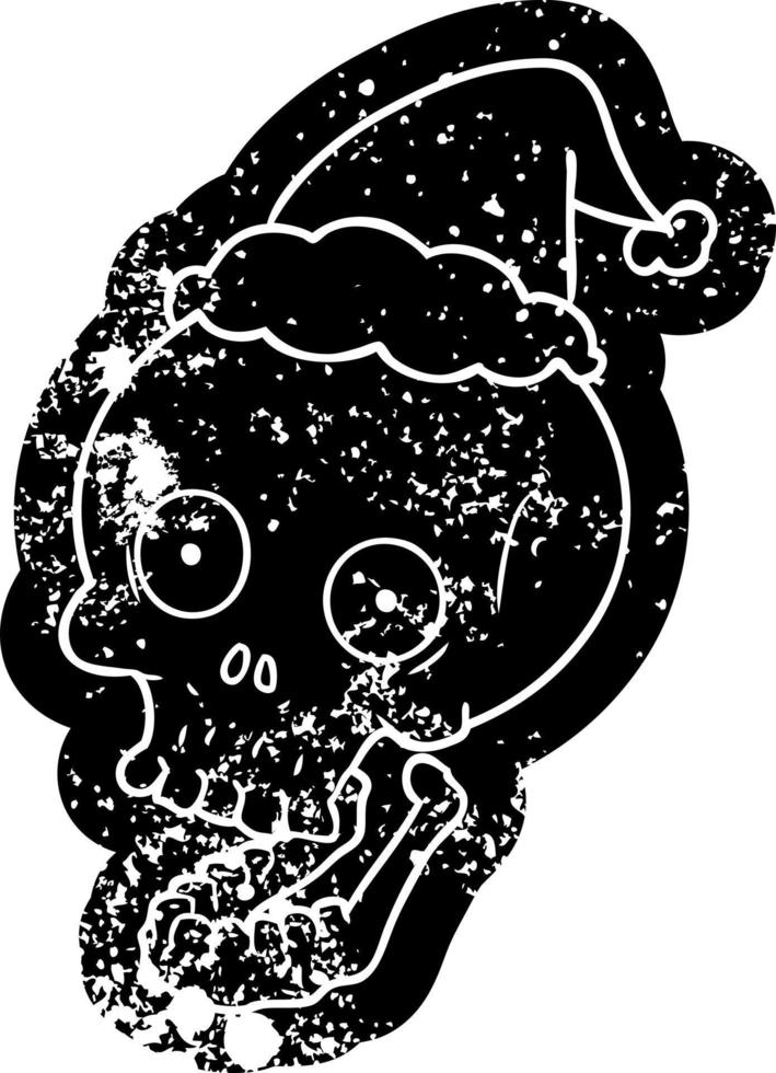 cartoon distressed icon of a skull wearing santa hat vector