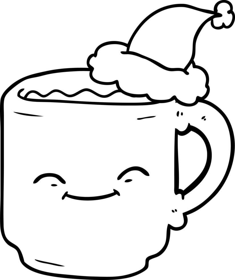 line drawing of a coffee mug wearing santa hat vector