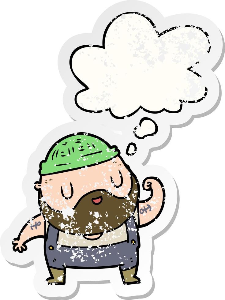 cartoon dock worker and thought bubble as a distressed worn sticker vector