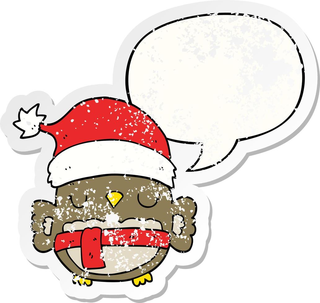 cute christmas owl and speech bubble distressed sticker vector