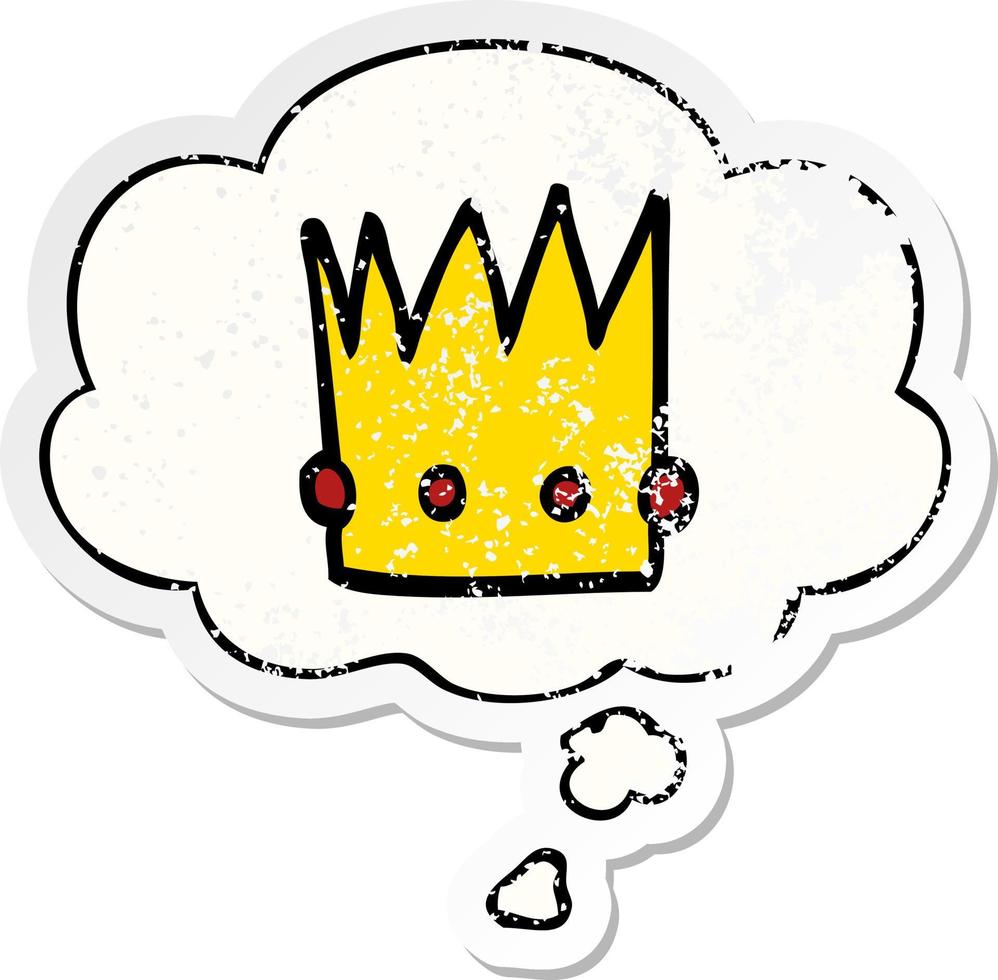 cartoon crown and thought bubble as a distressed worn sticker vector