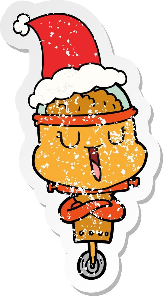 happy distressed sticker cartoon of a robot wearing santa hat vector