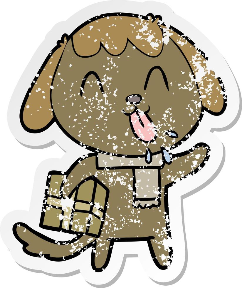 pegatina angustiada de un lindo perro de dibujos animados con regalo de navidad vector