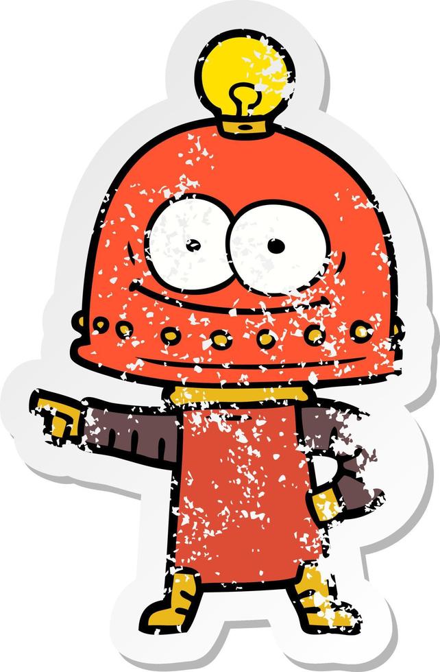 distressed sticker of a happy carton robot with light bulb vector