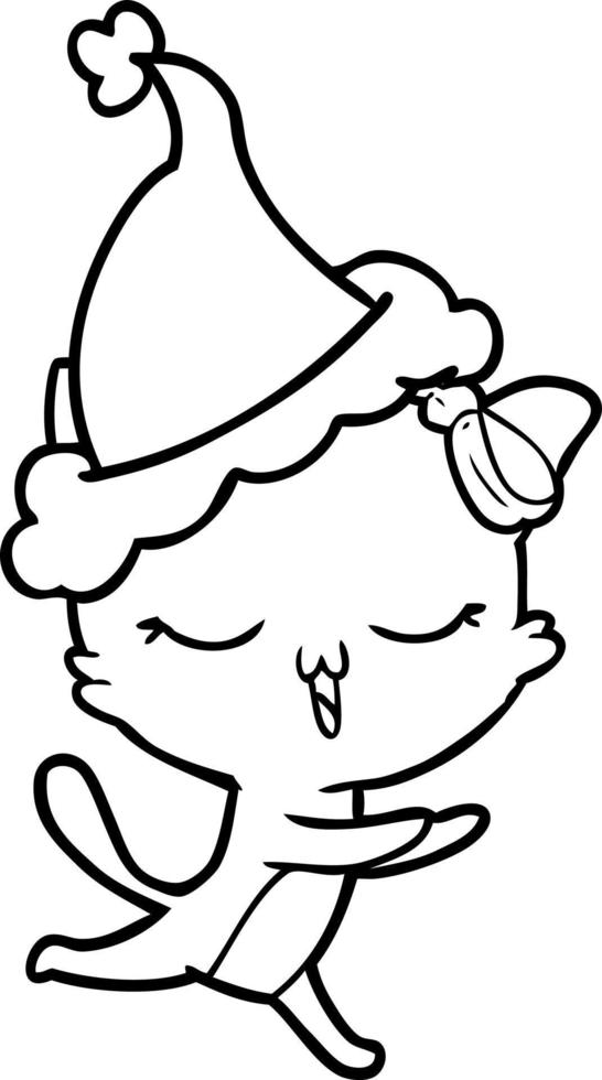 line drawing of a cat with bow on head wearing santa hat vector