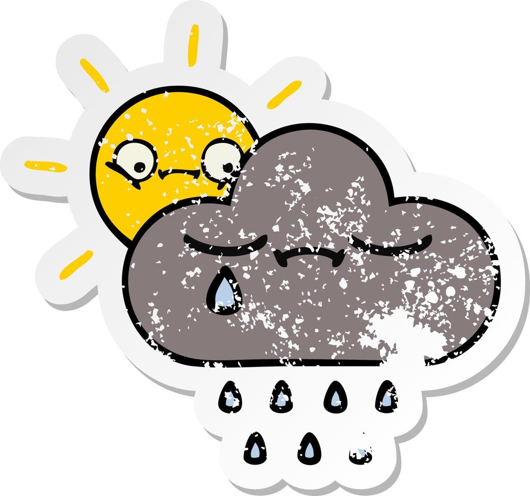 pegatina angustiada de una linda nube de tormenta de dibujos animados y sol vector