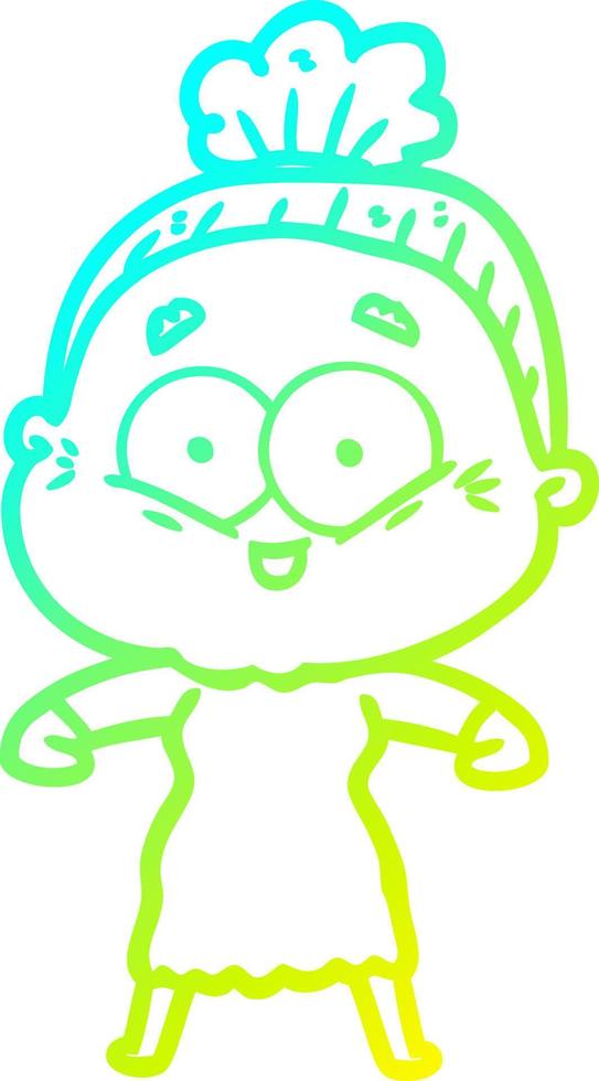 cold gradient line drawing cartoon happy old woman vector