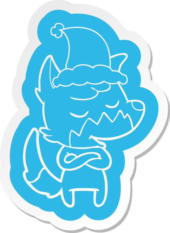 friendly cartoon  sticker of a fox wearing santa hat vector
