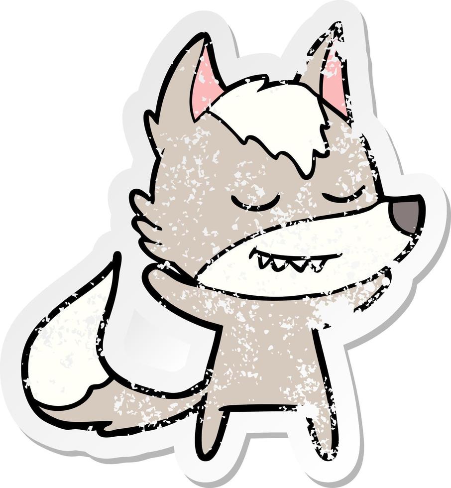 distressed sticker of a friendly cartoon wolf vector