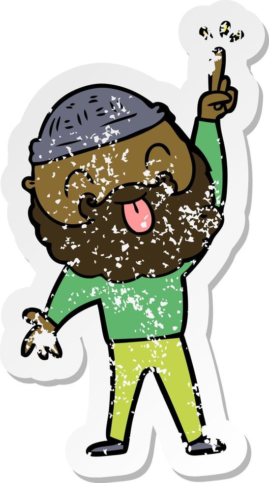 distressed sticker of a man with beard sticking out tongue vector